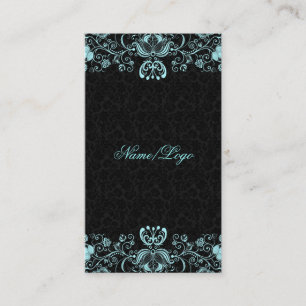 Elegant Black & Pastel Blue Floral Swirls Business Card