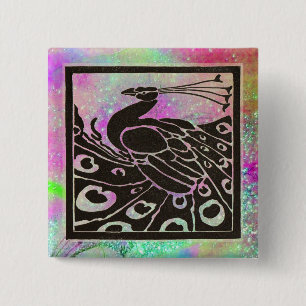 ELEGANT BLACK PEACOCK IN PURPLE BLUE SPARKLES 15 CM SQUARE BADGE