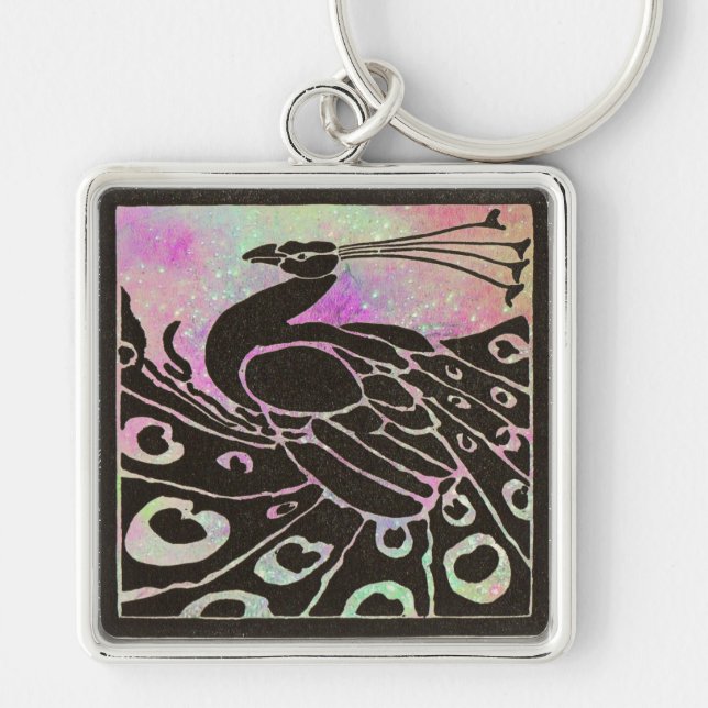 ELEGANT BLACK PEACOCK IN PURPLE BLUE SPARKLES KEY RING (Front)