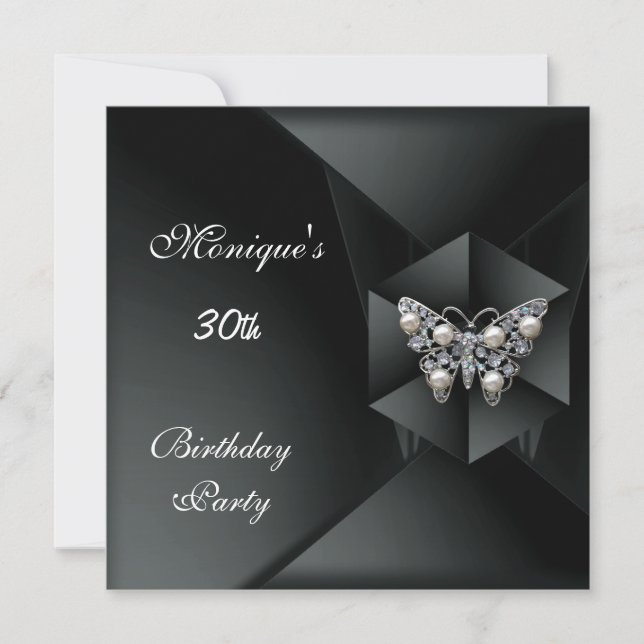 Elegant Black Pearl Butterfly Jewel 30th Birthday Invitation (Front)