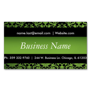 Elegant Black & Peridot Green Damask Design Magnetic Business Card