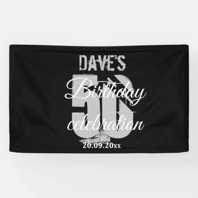Elegant Black Personalised 50th Any Birthday Party Banner (Horizontal)