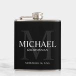 Elegant Black Personalised Groomsmen Hip Flask<br><div class="desc">Add a personal touch to your wedding with personalised groomsmen flask.
This flask features personalised groomsman's name with title and wedding date in white and monogram in grey as background,  in classic serif font style,  on black background.

Also perfect for best man,  father of the bride and more.</div>