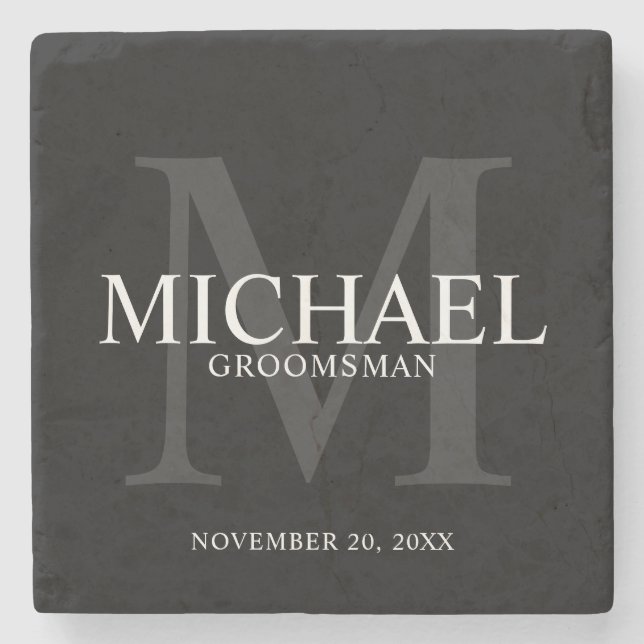 Elegant Black Personalised Groomsmen Stone Coaster (Front)