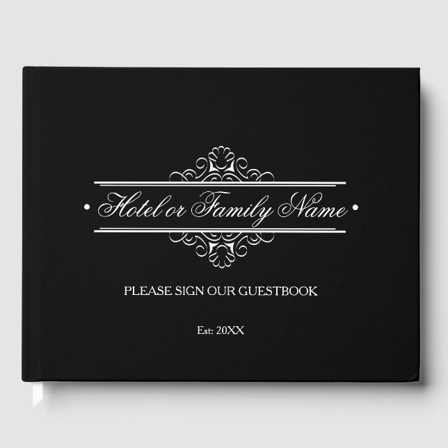 Elegant Black Personalised Hotel Or Family Guest Book (Front)