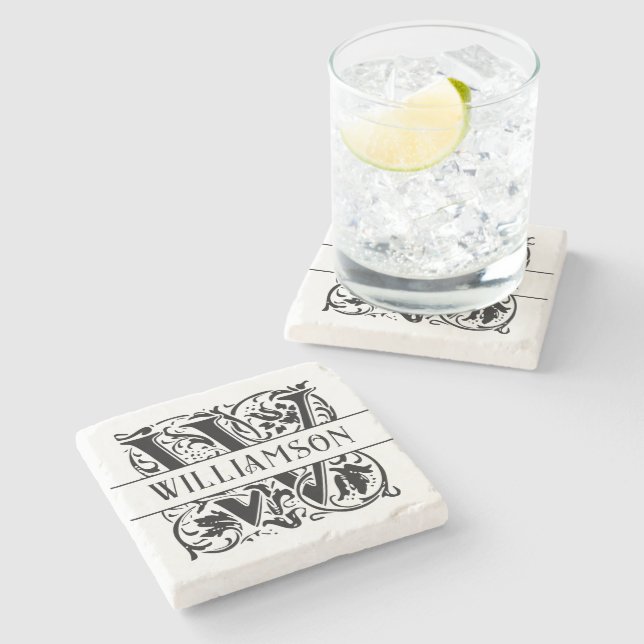 Elegant Black Personalised Initial W Monogram Name Stone Coaster (Side)