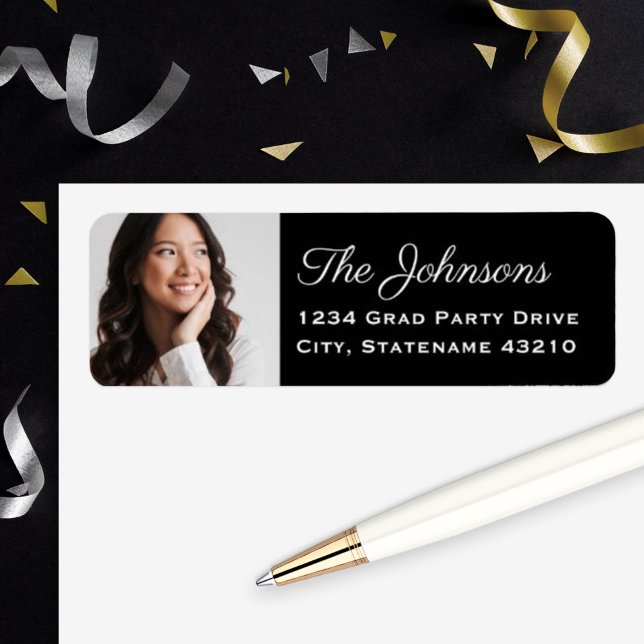 Elegant Black Photo Graduation Return Address Label (Creator Uploaded)