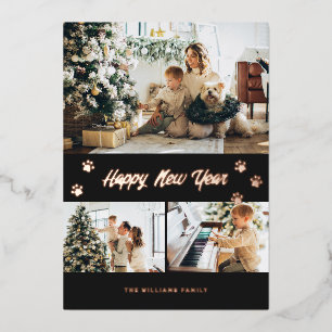 Elegant Black Photo Happy New Year Rose Gold Foil Holiday Card