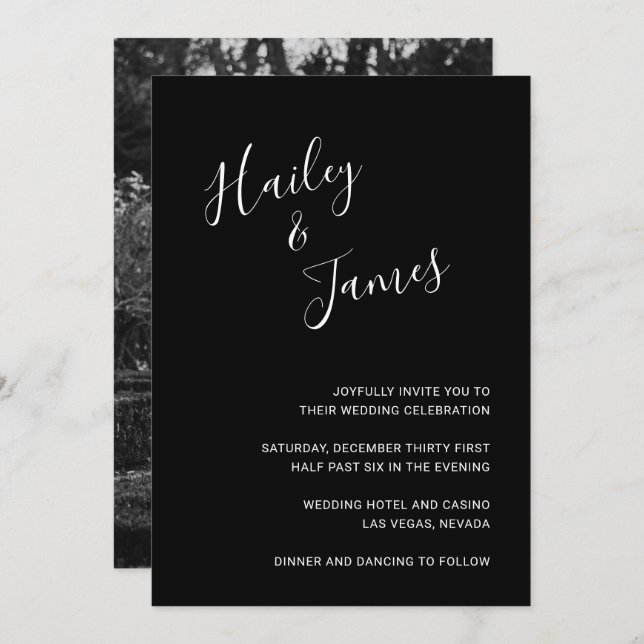 Elegant Black Photo Modern Wedding Invitation (Front/Back)