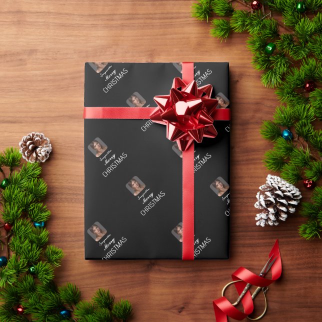 Elegant Black Photo Script Name Merry Christmas  Wrapping Paper (Holiday Gift)