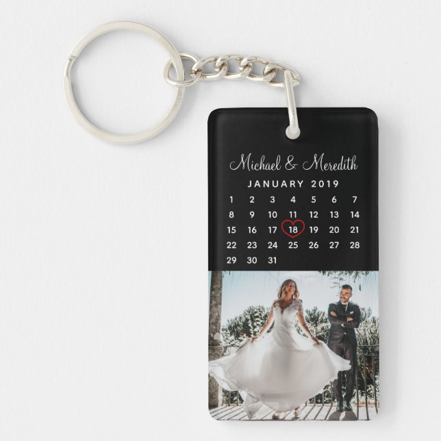 Elegant Black Photo Wedding Anniversary Calendar Key Ring (Front)