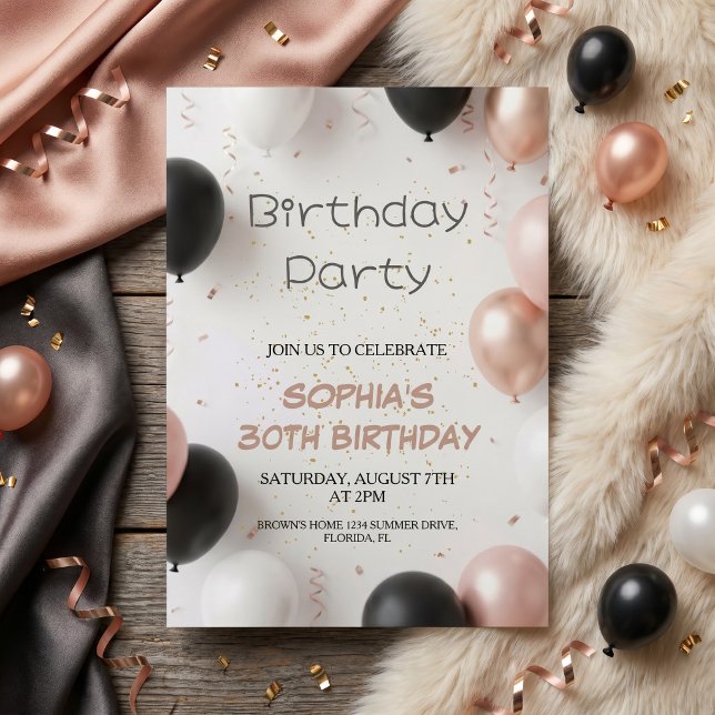 Elegant Black Pink Balloon Party Invitation (Creator Uploaded)