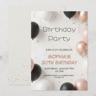 Elegant Black Pink Balloon Party Invitation