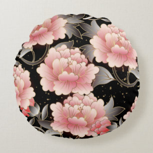 Elegant Black & Pink Chinese Flowers Round Pillow