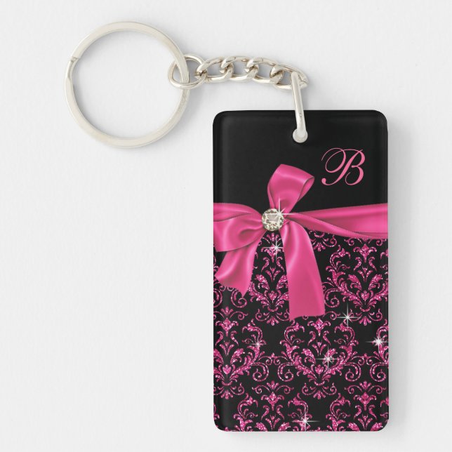 Elegant Black Pink Damask Diamond Bow Monogram Key Ring (Front)