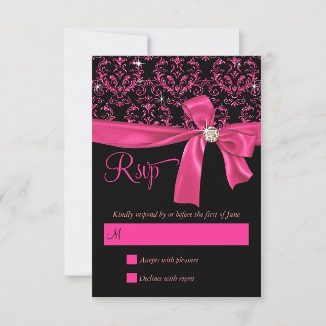 Elegant Black Pink Damask Sweet Sixteen Party RSVP Card (Front)