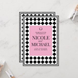 Elegant Black &Pink Diamond Pattern Wedding Invitation