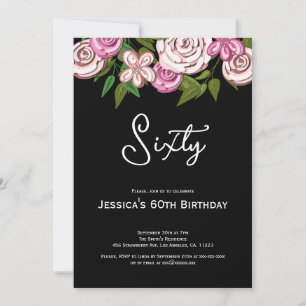 Elegant Black Pink Floral 60th Birthday Party  Invitation