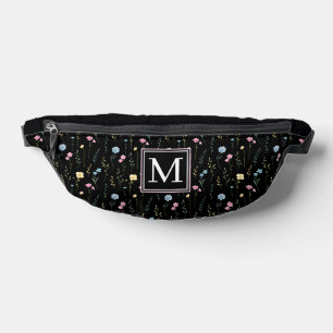 Elegant Black & Pink Floral Botanical Monogram Bum Bags