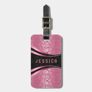Elegant Black & Pink Floral Damasks Pattern Luggage Tag