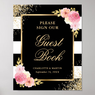 Elegant Black Pink Floral Wedding Guest Book Sign