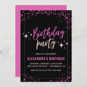 Elegant Black Pink Glam Glitter 94th birthday Invitation