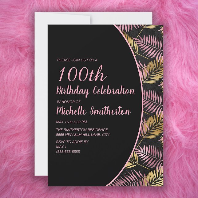 Elegant Black Pink Gold 100th Birthday Invitation (Creator Uploaded)