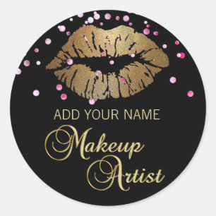Elegant Black Pink Gold Lips Makeup Artist Classic Round Sticker