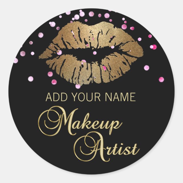 Elegant Black Pink Gold Lips Makeup Artist Classic Round Sticker (Front)