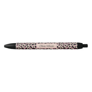 Elegant Black Pink Leopard Skin Pattern Monogram  Ink Pen