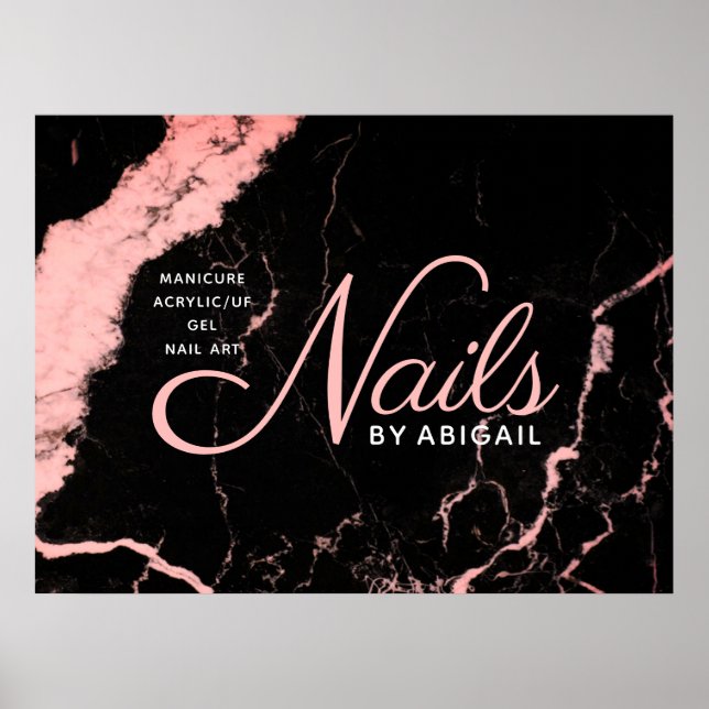 Elegant Black & Pink Marble Nails By "Name" Poster (Front)