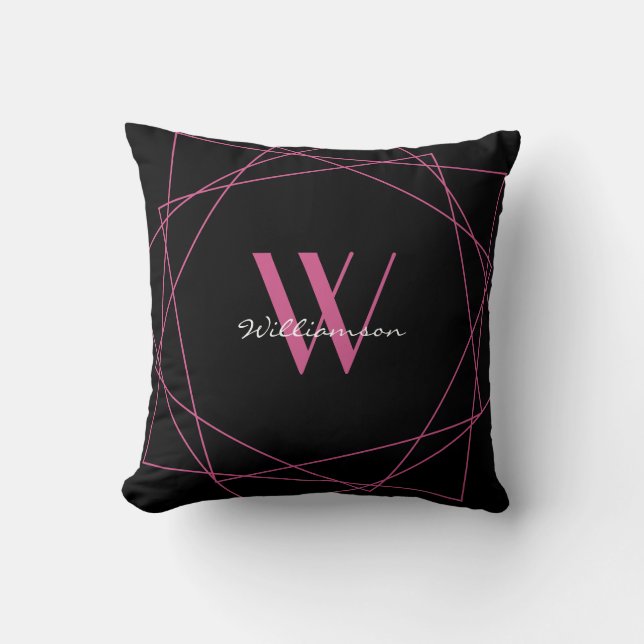 Elegant Black Pink Monogram Geometric Name Script Cushion (Front)