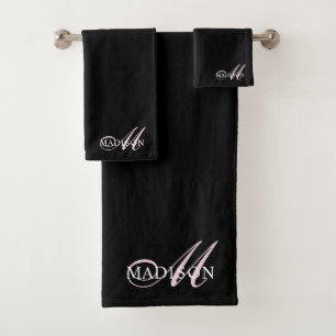 Elegant Black Pink Monogram Script Initial Name  Bath Towel Set