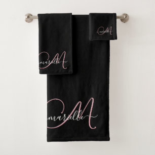 Elegant Black Pink Monogram Script Name Bath Towel Set