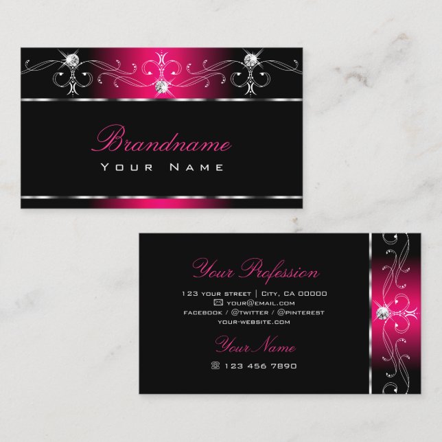 Elegant Black Pink Ornate Ornaments Sparkle Jewels Business Card (Front/Back)
