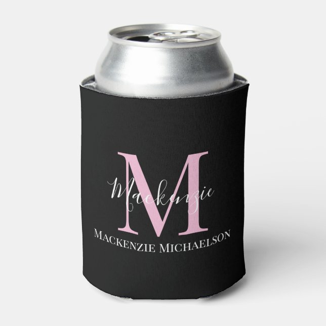 Elegant Black Pink Personalised Monogram Name  Can Cooler (Can Front)