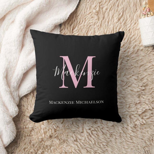 Elegant Black Pink Personalised Monogram Name   Cushion (Blanket)
