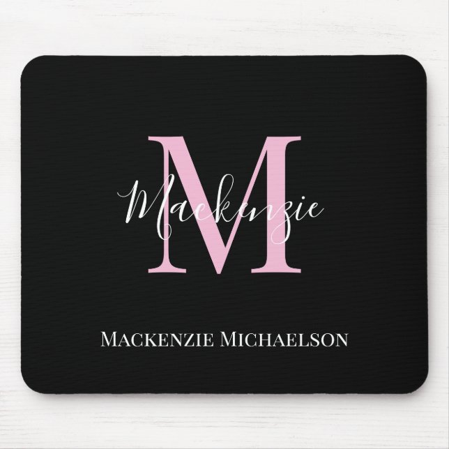 Elegant Black Pink Personalised Monogram Name  Mouse Pad (Front)