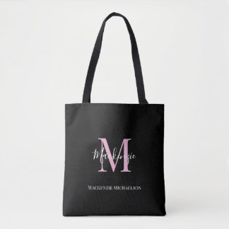 Elegant Black Pink Personalised Monogram Name Tote Bag