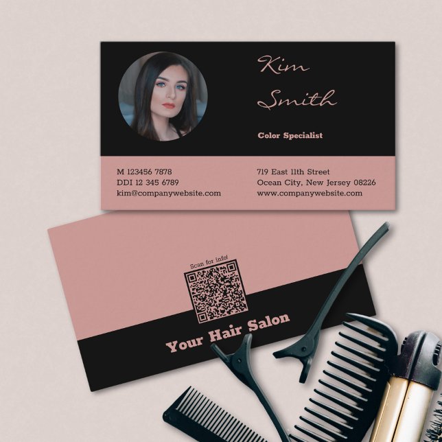 Elegant Black & Pink QR Code Hair Stylist  Business Card (Elegant Black & Pink QR Code Hair Stylist Business Card)