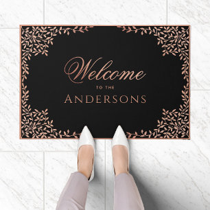 Elegant Black Pink Rose Gold Leaves Name Welcome Doormat