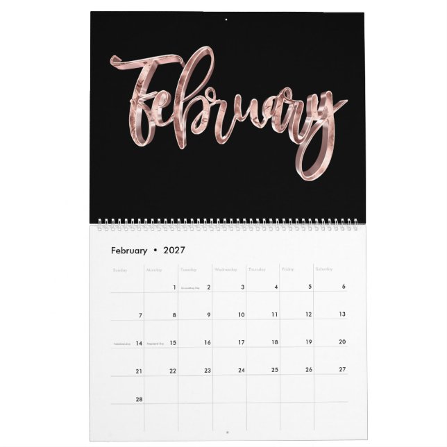 Elegant Black Pink Rose Gold Script Typography Calendar (Feb 2027)