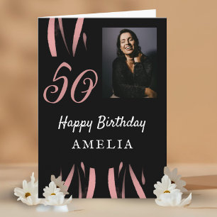 Elegant Black Pink Watercolor 50th Birthday Photo Card