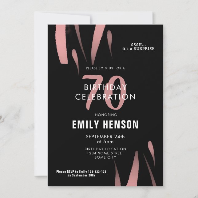 Elegant Black Pink Watercolor 70th Birthday Party Invitation (Front)