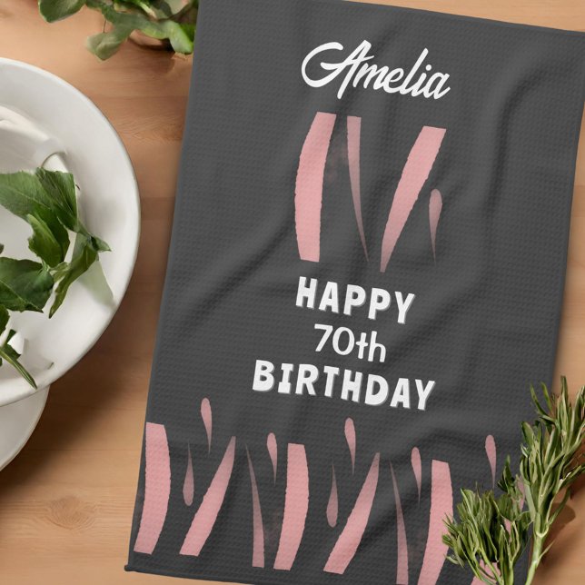 Elegant Black Pink Watercolor 70th Happy Birthday  Tea Towel (Creator Uploaded)