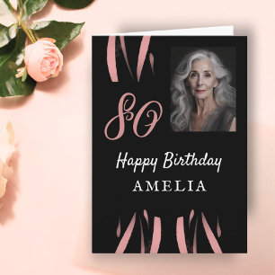 Elegant Black Pink Watercolor 80th Birthday Photo Card