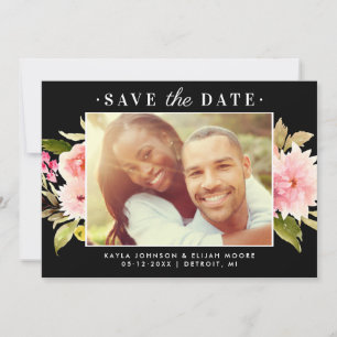 Elegant Black Pink Watercolor Floral Wedding Photo Save The Date