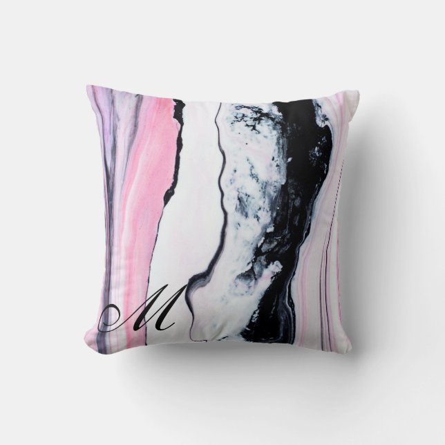Elegant Black Pink white Monogram Marble Initial Cushion (Front)