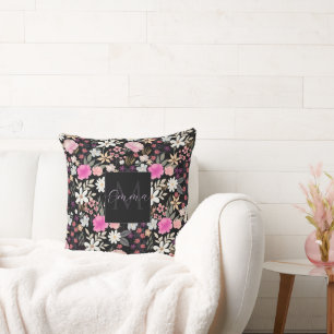 Elegant Black Pink Wildflowers Boho Floral Paint Cushion