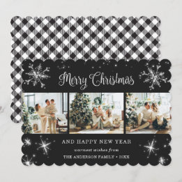 Elegant Black Plaid Snowflake Photo Holiday Card